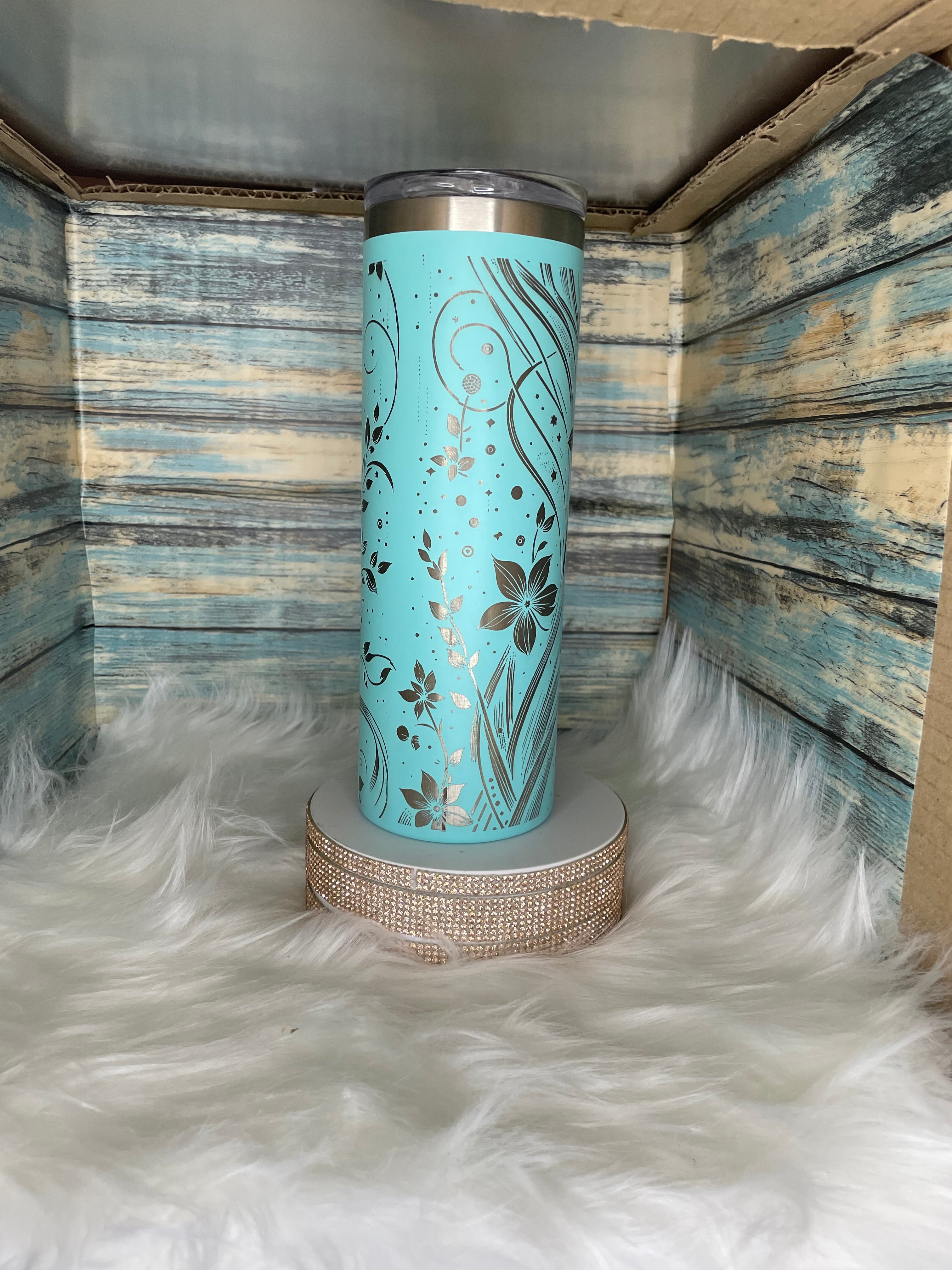 Stainless Steel Tumbler - 20 oz, Laser Engraved, Blue BOHO Flowers