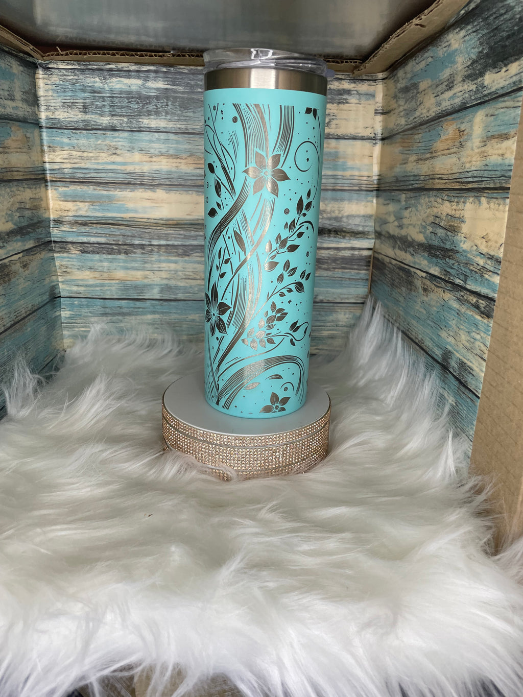 Stainless Steel Tumbler - 20 oz, Laser Engraved, Blue BOHO Flowers
