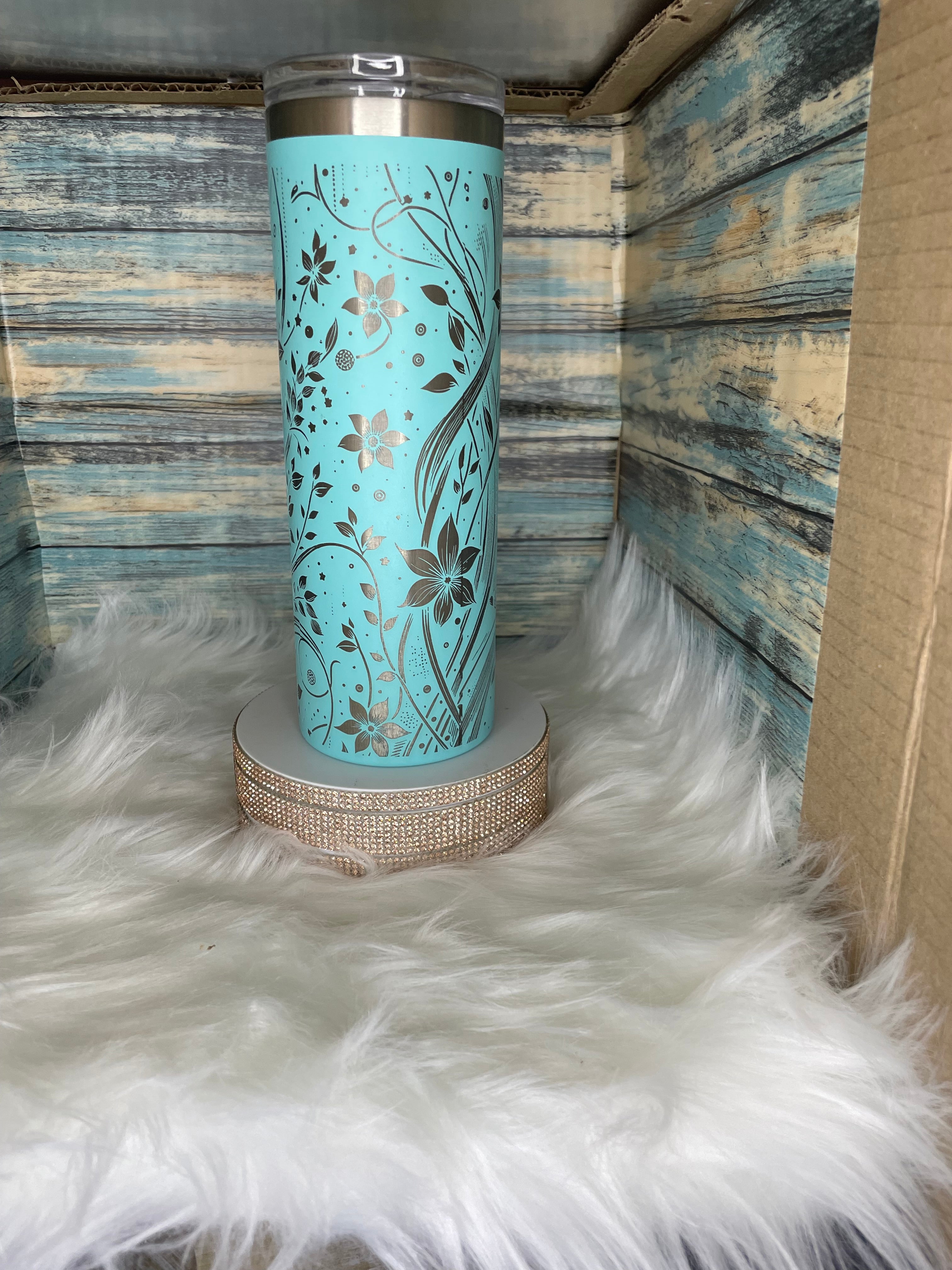 Stainless Steel Tumbler - 20 oz, Laser Engraved, Blue BOHO Flowers