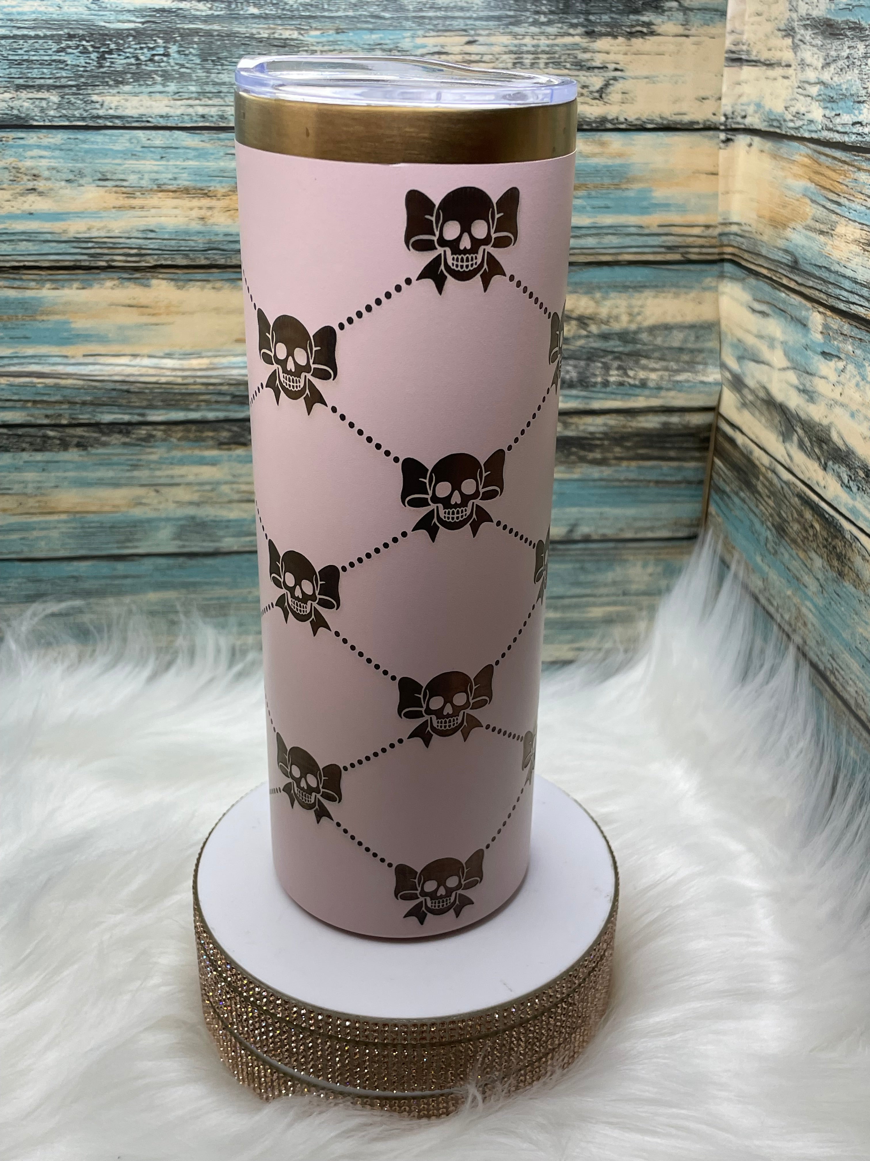 Pink Stainless Steel Tumbler -- 20 oz, Laser Engraved Coquette Skellie