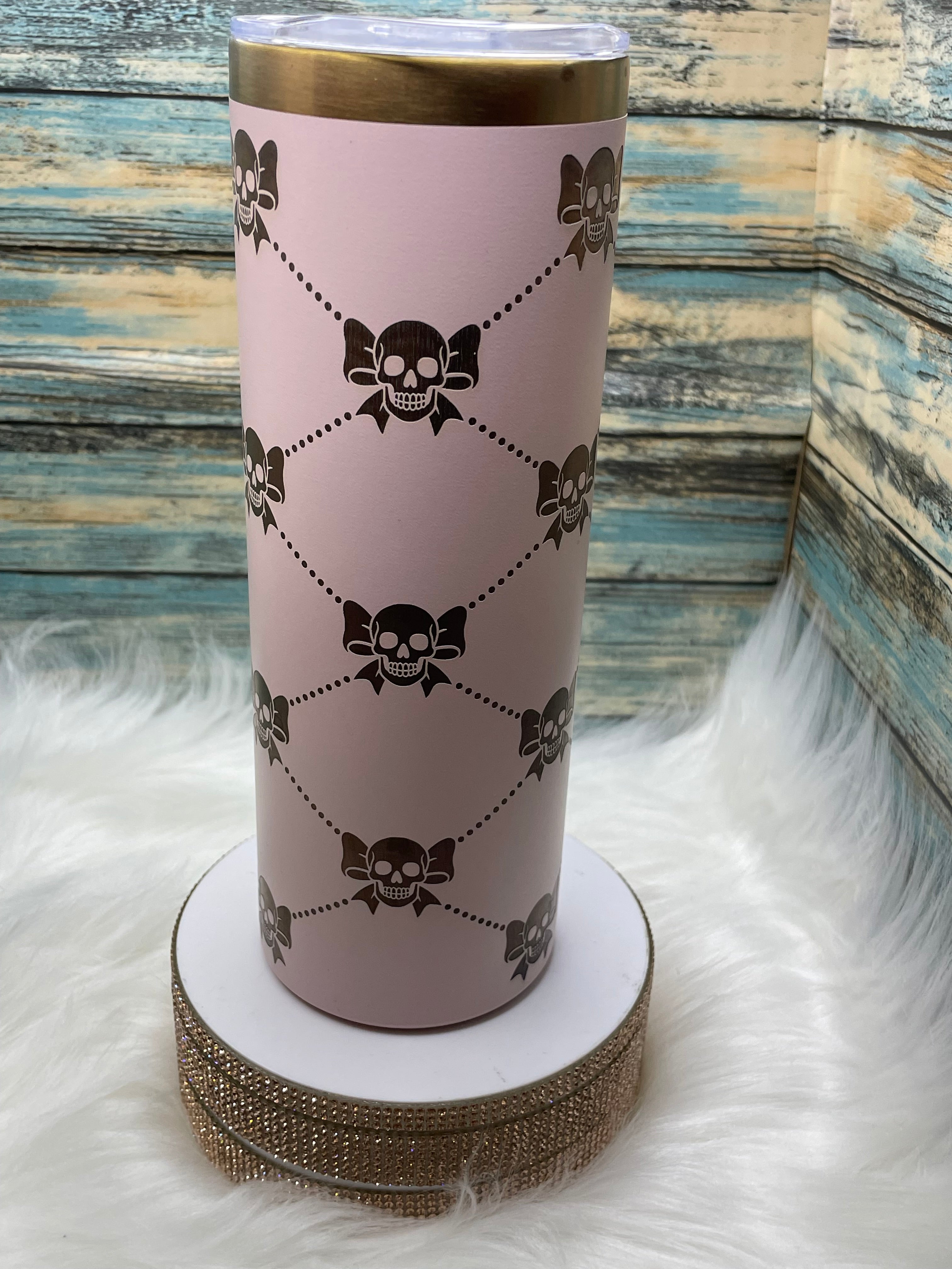 Pink Stainless Steel Tumbler -- 20 oz, Laser Engraved Coquette Skellie