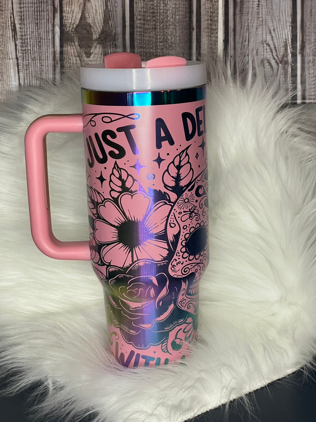 Stainless Steel Stanley Dupe - 40 oz, Laser Engraved, Pink Delicate Petal