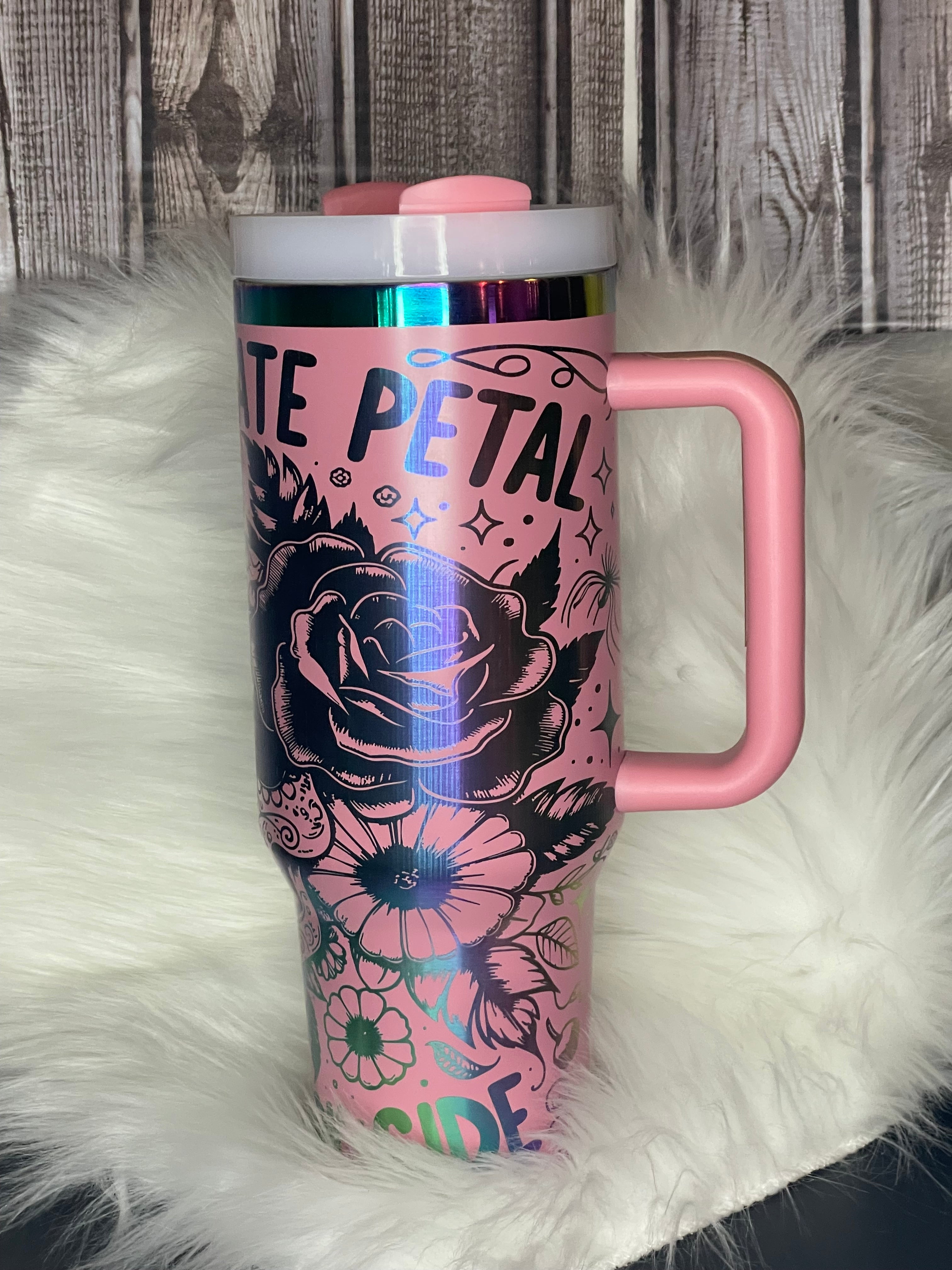Stainless Steel Stanley Dupe - 40 oz, Laser Engraved, Pink Delicate Petal