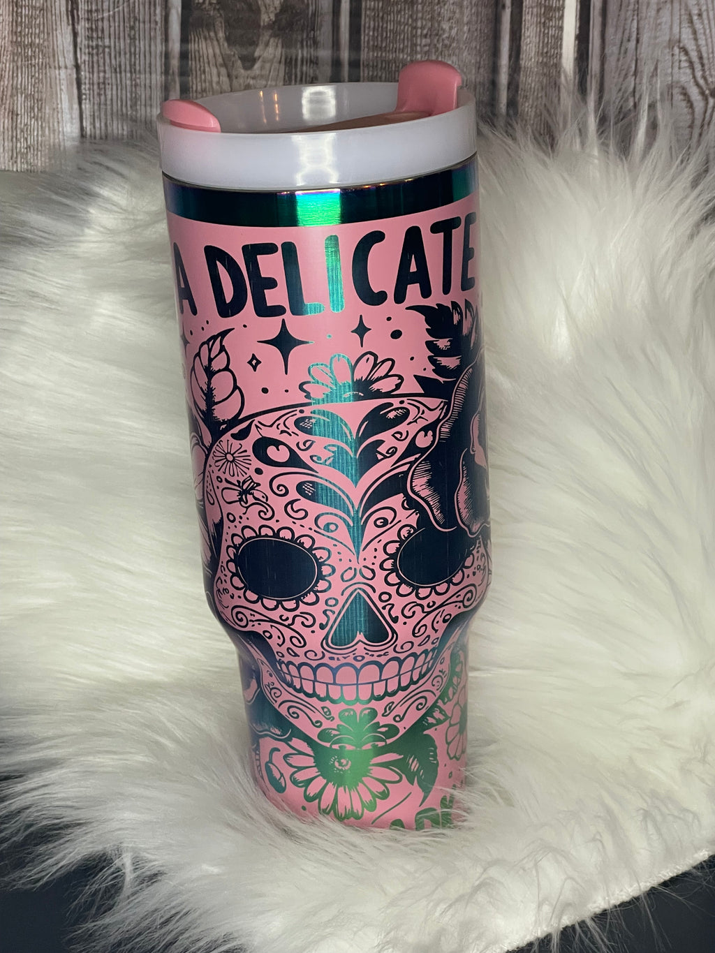 Stainless Steel Stanley Dupe - 40 oz, Laser Engraved, Pink Delicate Petal