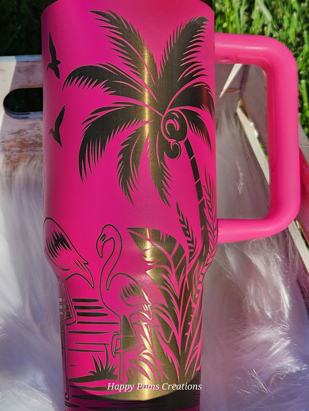 Stainless Steel Stanley Dupe - 40 oz, Laser Engraved, Pink Flamingos