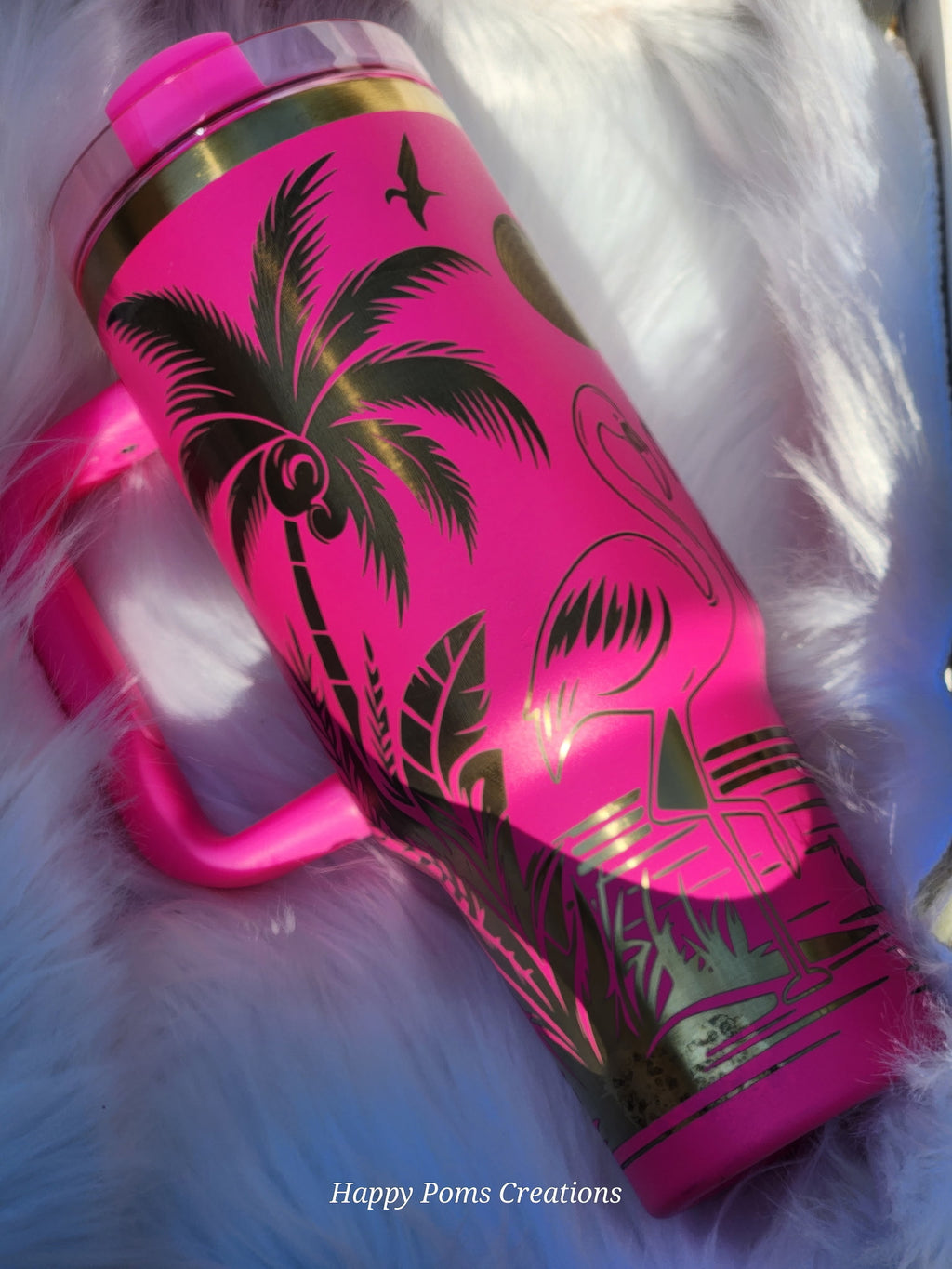 Stainless Steel Stanley Dupe - 40 oz, Laser Engraved, Pink Flamingos