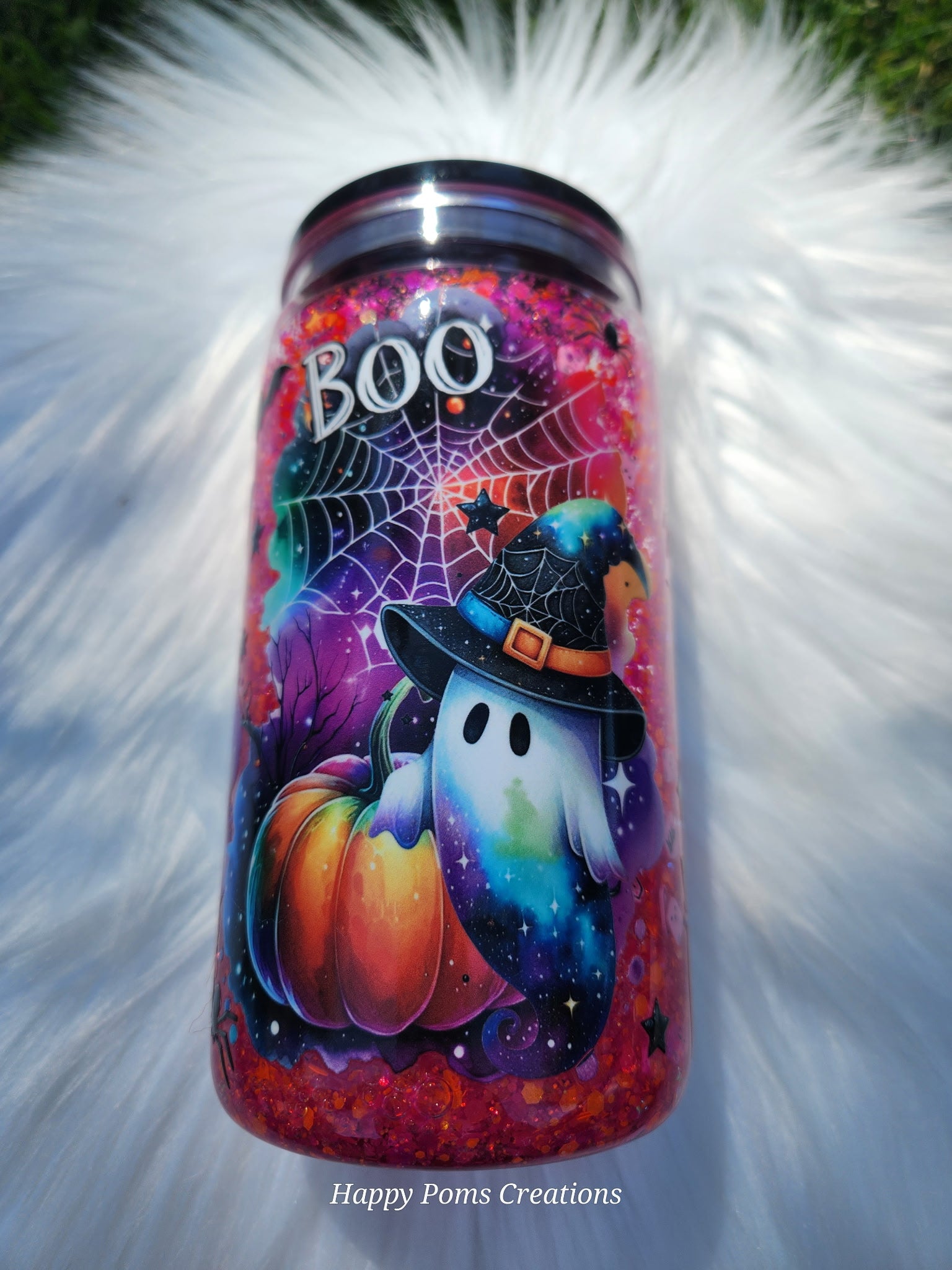 Spooky Ghost Glitter Tumbler Wrap | Halloween Libbey Can Glass | Cute Ghost & Pumpkin UV DTF Wrap | Spooky Season Glass Cup | Handmade Fall Cup