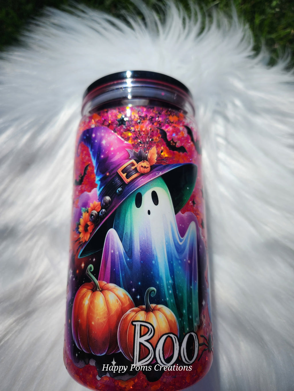Spooky Ghost Glitter Tumbler Wrap | Halloween Libbey Can Glass | Cute Ghost & Pumpkin UV DTF Wrap | Spooky Season Glass Cup | Handmade Fall Cup