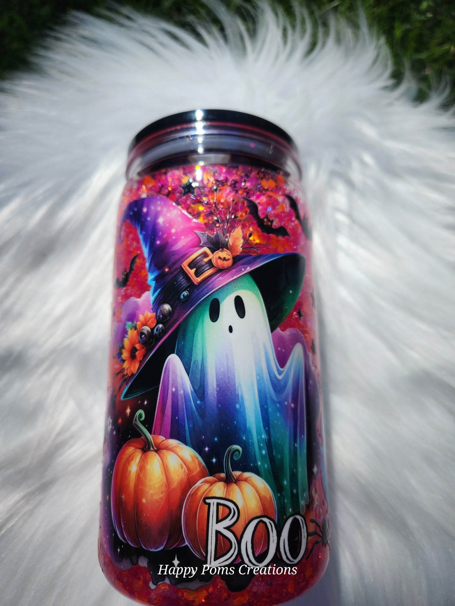 Spooky Ghost Glitter Tumbler Wrap | Halloween Libbey Can Glass | Cute Ghost & Pumpkin UV DTF Wrap | Spooky Season Glass Cup | Handmade Fall Cup