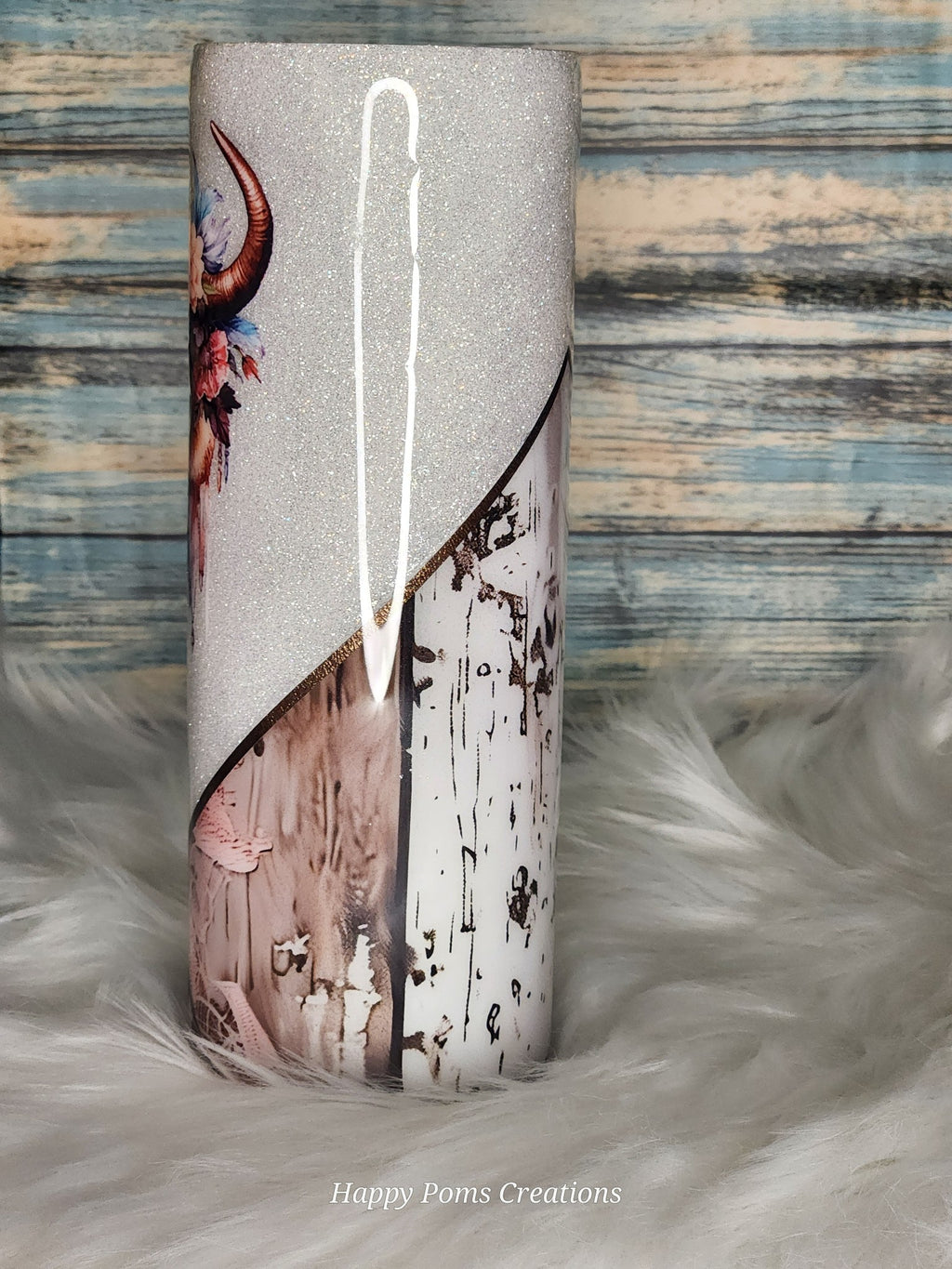 Stainless Steel Tumbler - 20 oz, Pretty Bull Skull, Whit/Pink, Comes with Straw.