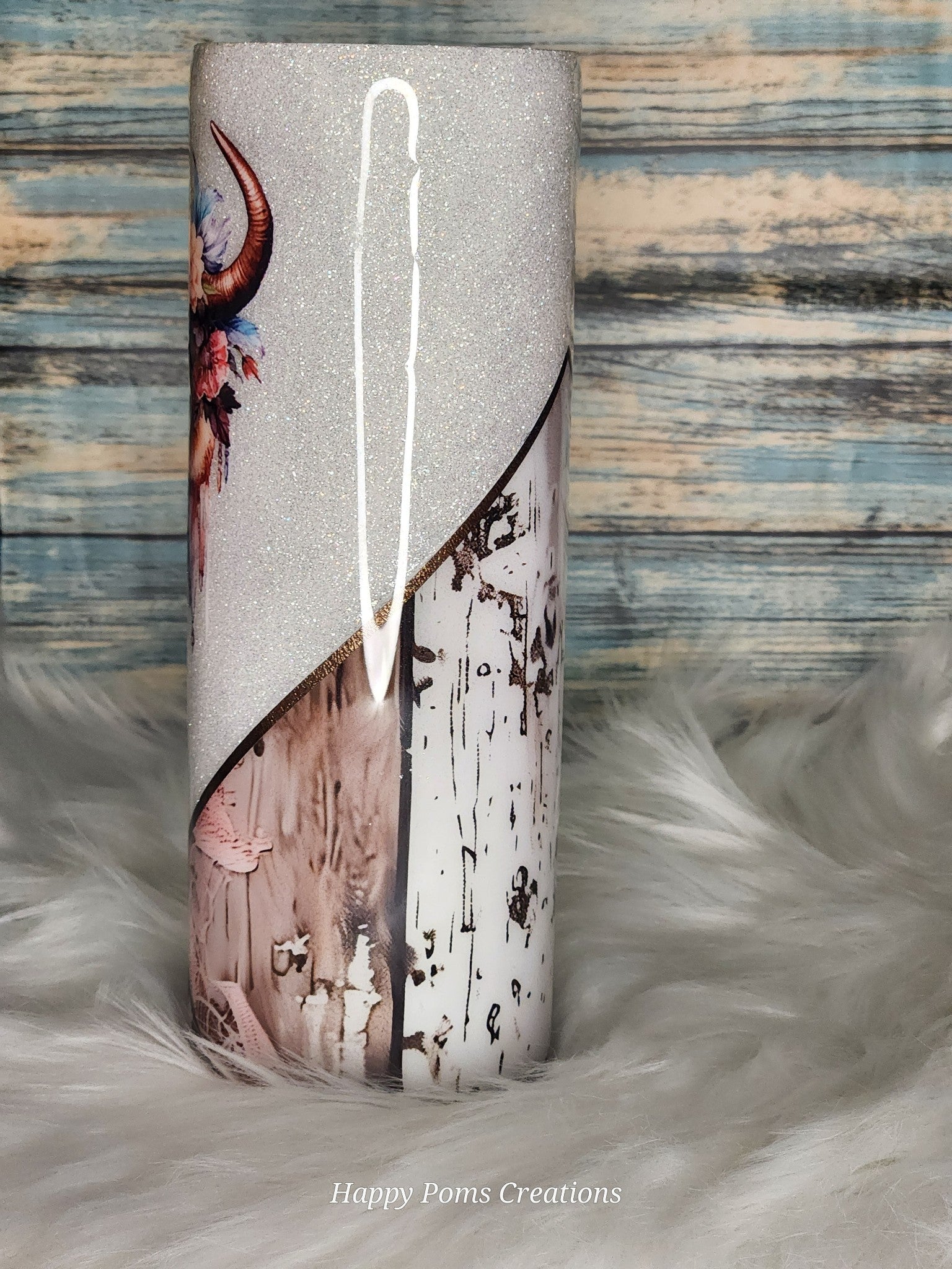 Stainless Steel Tumbler - 20 oz, Pretty Bull Skull, Whit/Pink, Comes with Straw.