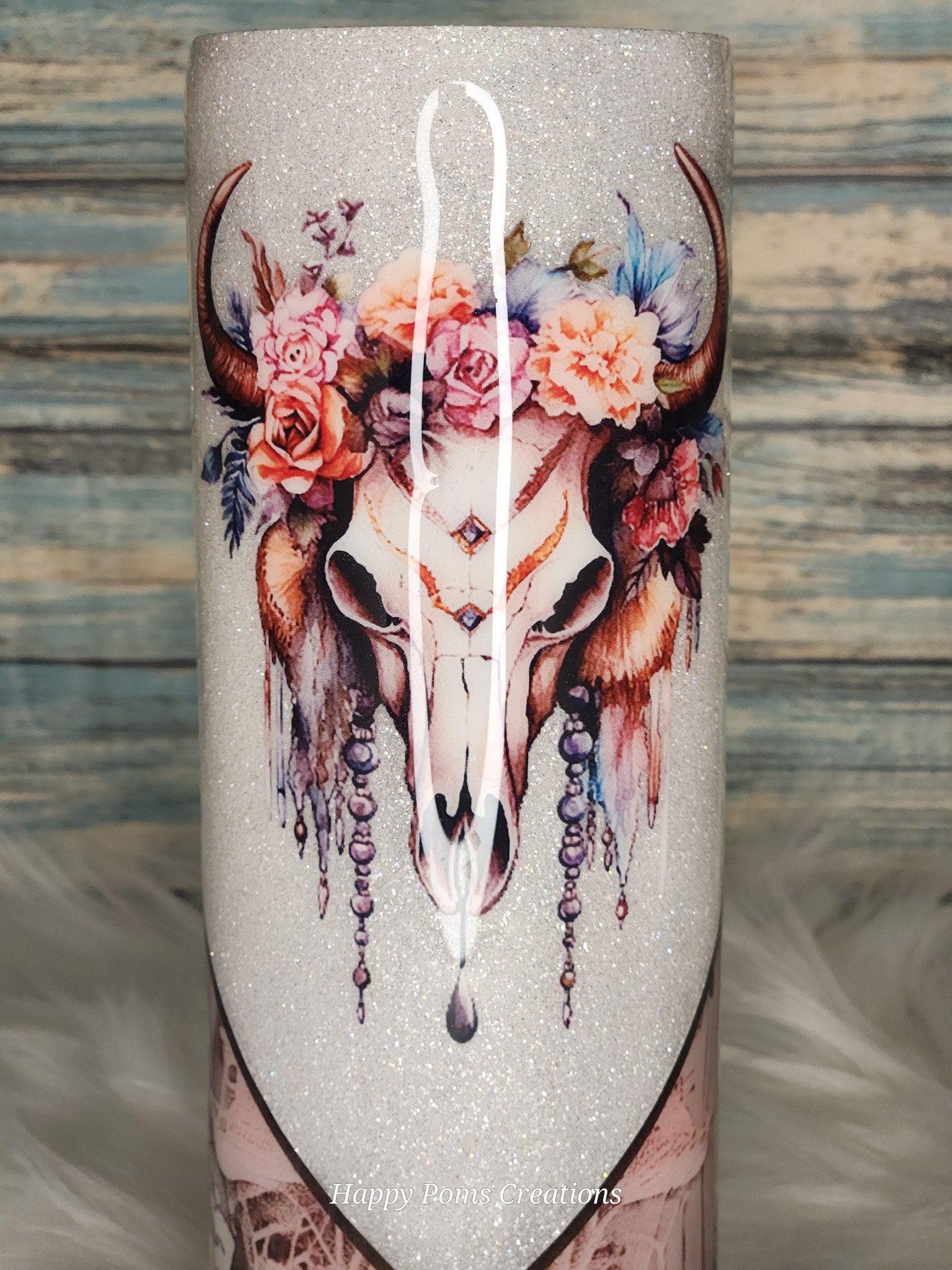 Stainless Steel Tumbler - 20 oz, Pretty Bull Skull, Whit/Pink, Comes with Straw.