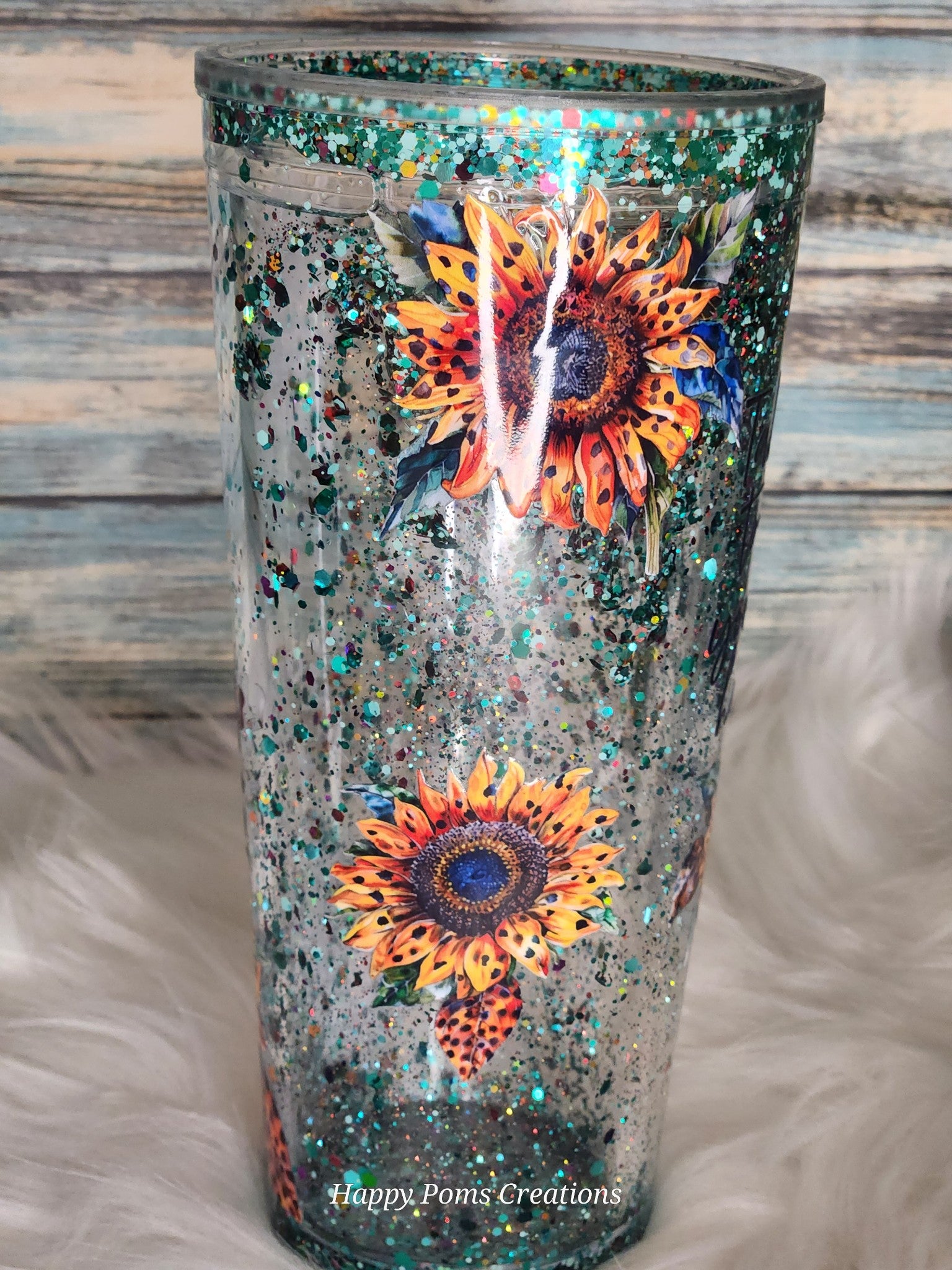 Acrylic Snow-Globe Tumbler - 22 oz, Teal sunflower, Blinged Dome, Comes with Straw.