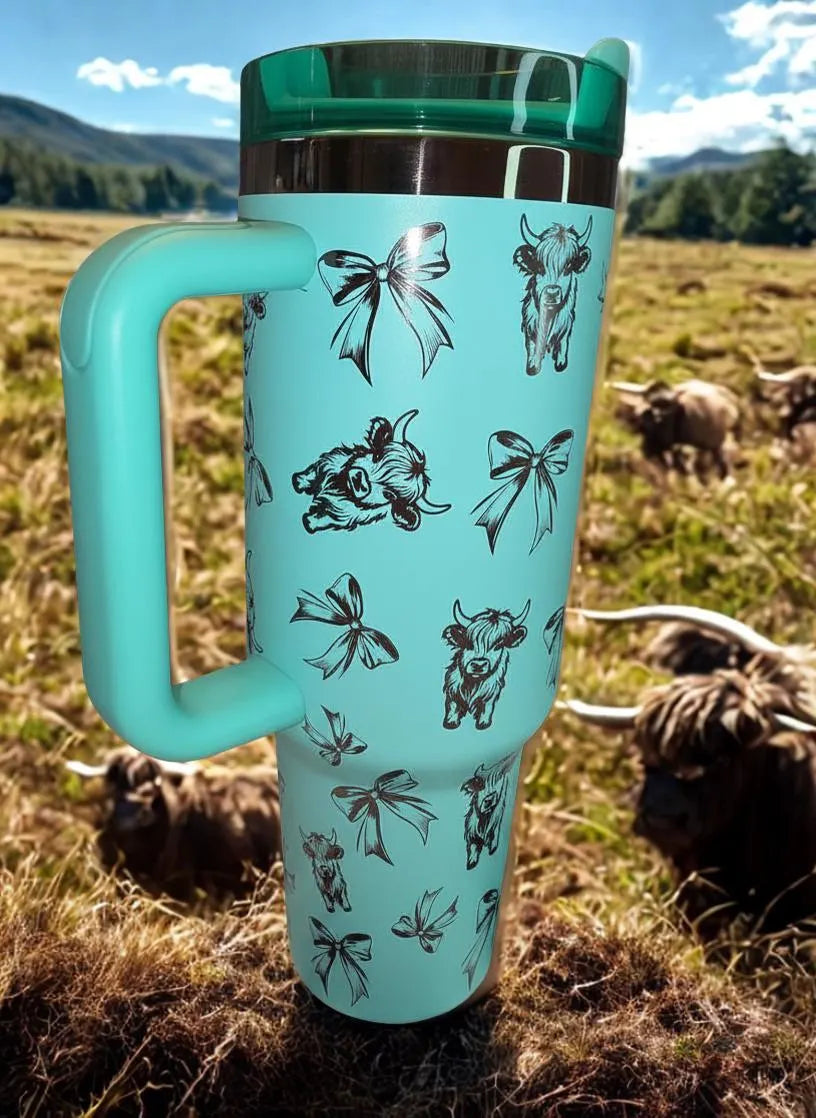 Teal Highland Cow Tumbler with Bows | 40oz Travel Mug with Handle, Western Style