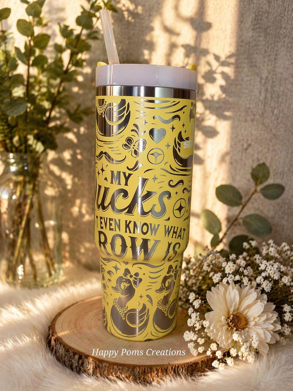 Pometto Yellow 40oz Stanley Tumbler | Ducks in a Row Custom Engraved Rubber Duckie Tumbler