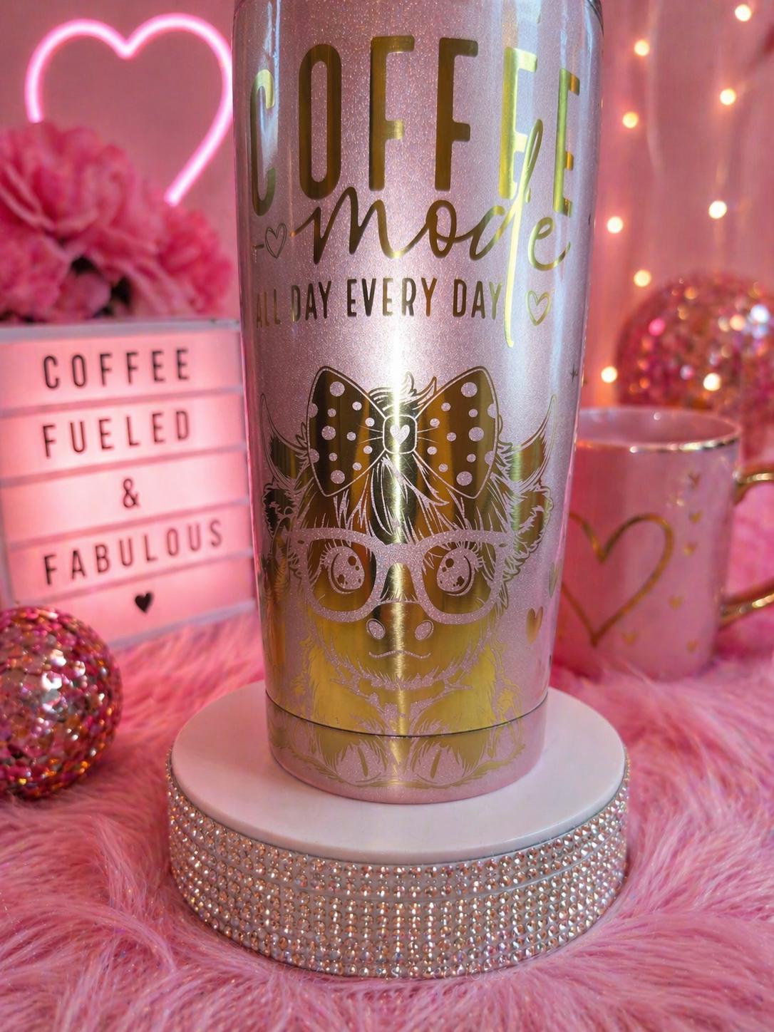 Pink Glitter Coffee Tumbler, Cow Lover Gift, Cute Insulated Travel Mug, “Coffee Mode” Cup, Girly Glam Cup, Fits Car Cup Holder