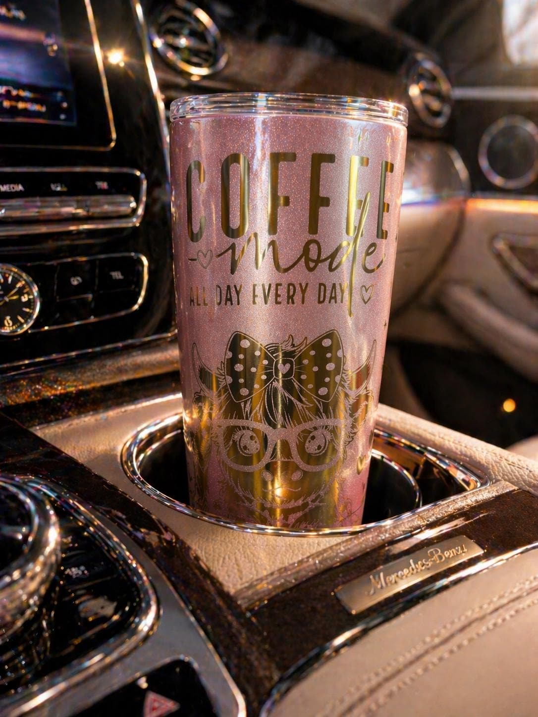 Pink Glitter Coffee Tumbler, Cow Lover Gift, Cute Insulated Travel Mug, “Coffee Mode” Cup, Girly Glam Cup, Fits Car Cup Holder