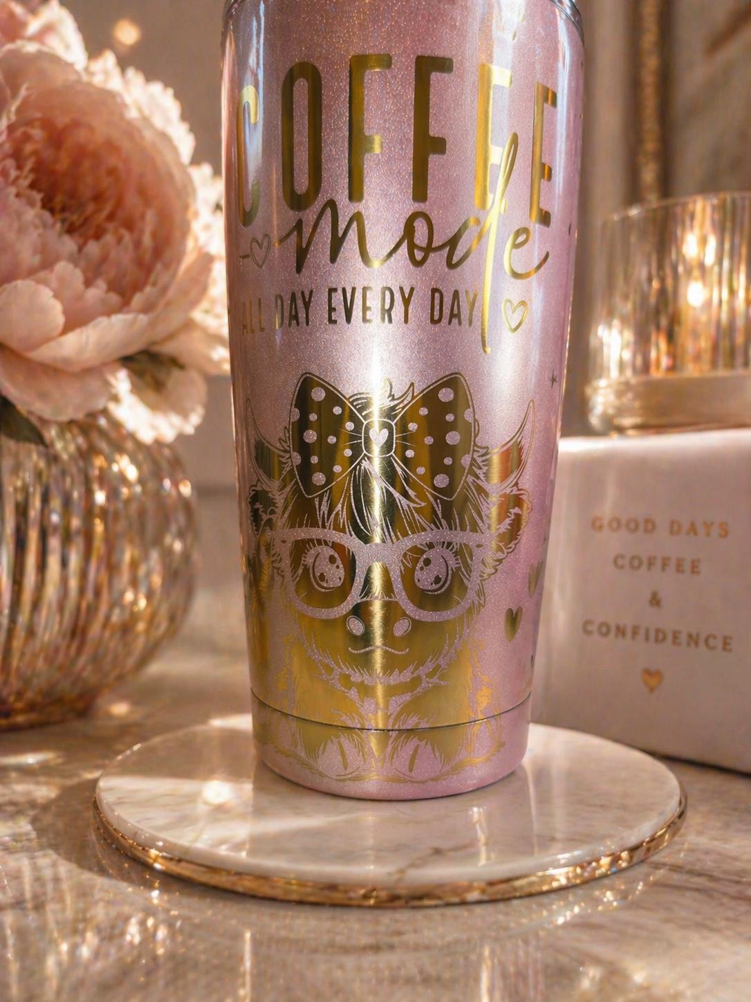 Pink Glitter Coffee Tumbler, Cow Lover Gift, Cute Insulated Travel Mug, “Coffee Mode” Cup, Girly Glam Cup, Fits Car Cup Holder