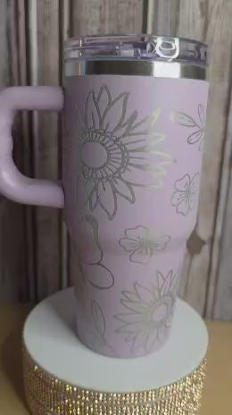 Lavender Floral Tumbler with Handle, 14oz Insulated Cup, Pastel Flower Travel Mug, Stainless Steel Drinkware with Lid, Gift for Her