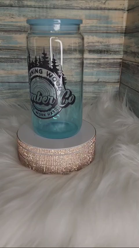 Glass Tumbler - 16 oz, Blue, Morning Wood, Comes with Straw.
