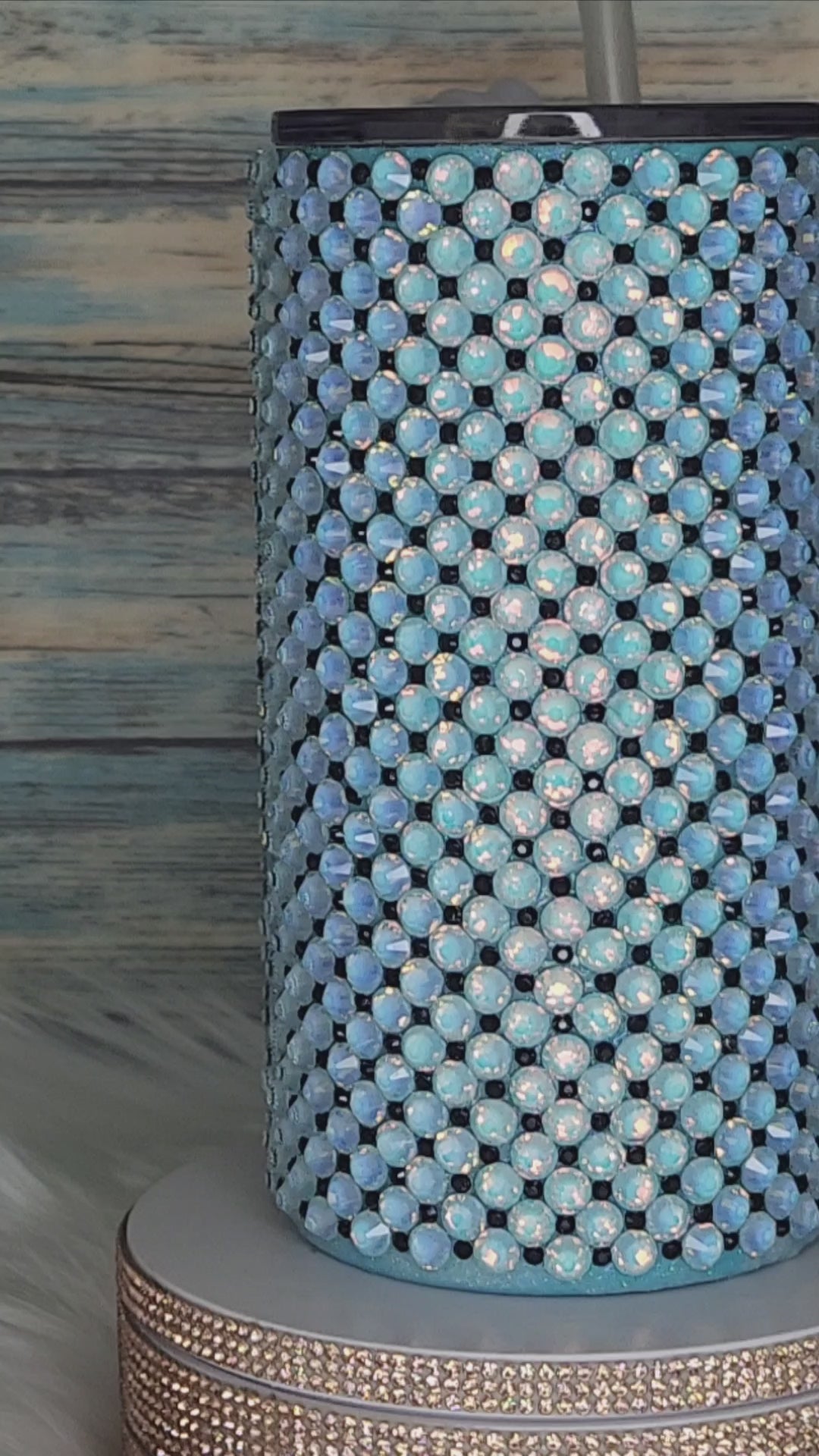 Stainless-Steel cup - 16 oz, Dazziling Blue Rhinestones, w/Straw.