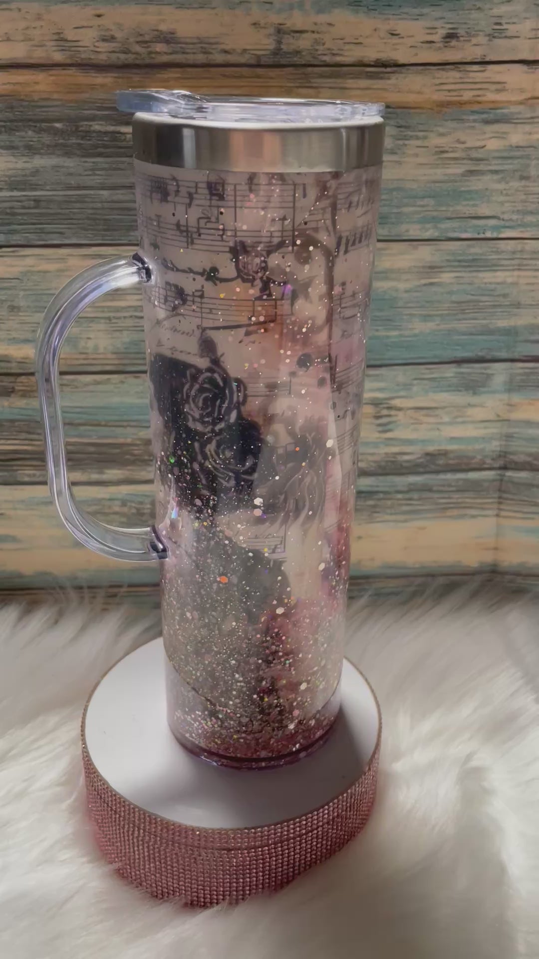 Stainless Steel/Acrylic handled Tumbler - 20 oz, Snow-Globe, Musical w/Straw