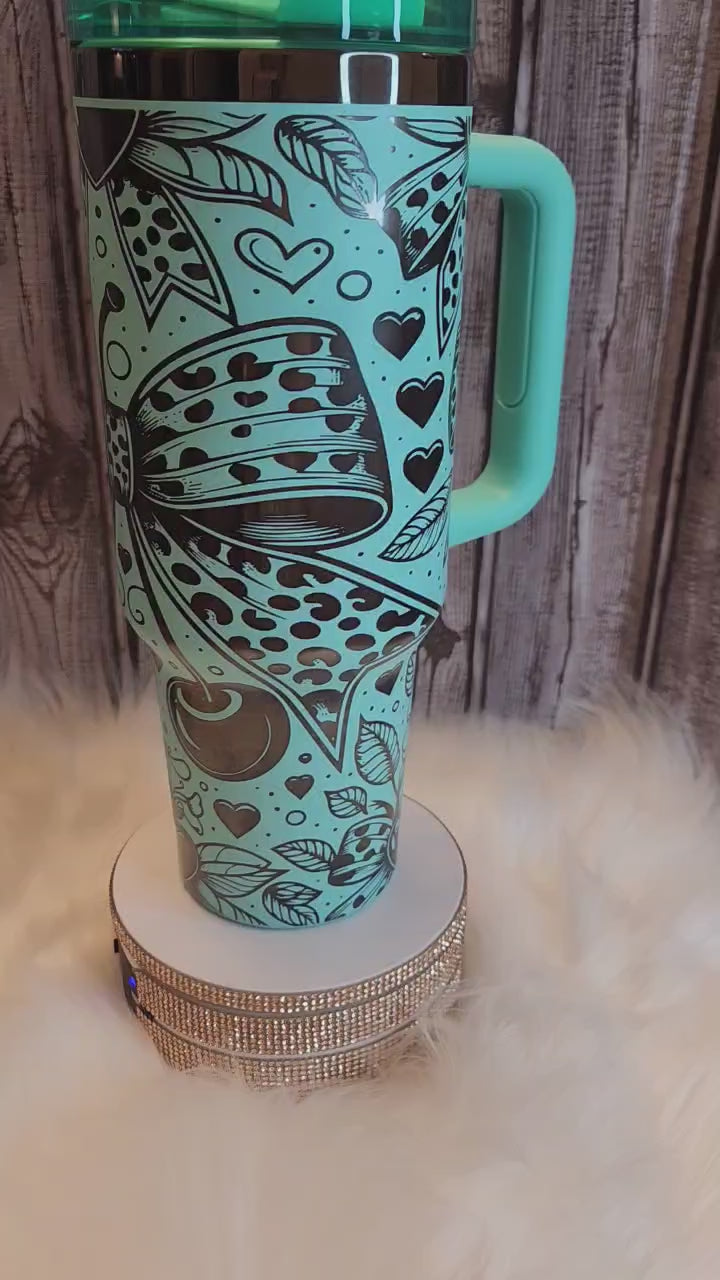Stainless Steel Stanley Dupe - 40oz, Teal over Black Laser Engraved, Cheetah Bows