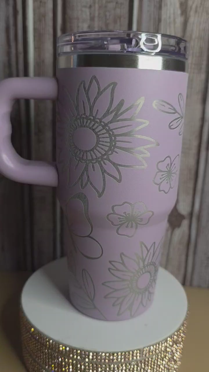 Lavender Floral Tumbler with Handle, 14oz Insulated Cup, Pastel Flower Travel Mug, Stainless Steel Drinkware with Lid, Gift for Her