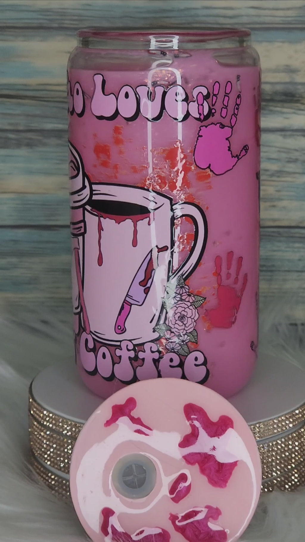 Glass Cup - 16 oz, Pink Coffee / True Crime Snow-Globe, w/Straw