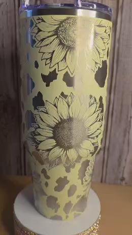 Sunflower Cow Print Tumbler with Handle, Yellow Travel Mug, 40oz Insulated Cup with Straw, Farmhouse Floral Gift