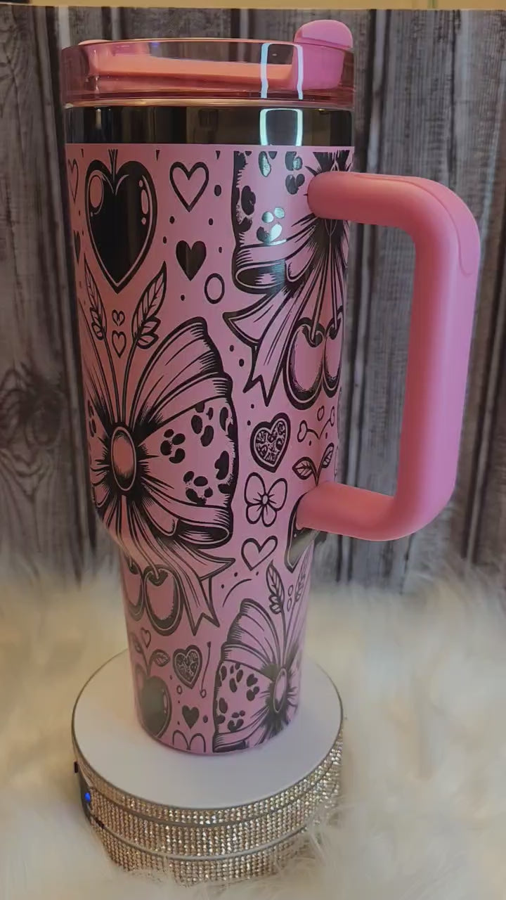 Pink Cherry Butterfly 40oz Stainless Steel Tumbler, Floral Heart Travel Mug