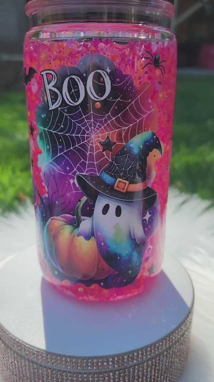 Spooky Ghost Glitter Tumbler Wrap | Halloween Libbey Can Glass | Cute Ghost & Pumpkin UV DTF Wrap | Spooky Season Glass Cup | Handmade Fall Cup